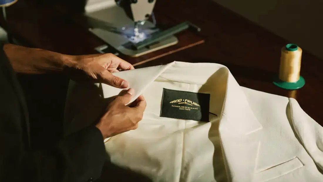 Hands placing a woven brand label inside a coat collar