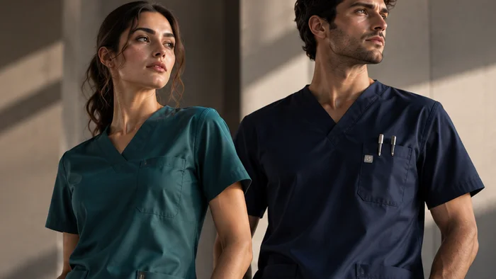 Two healthcare workers in teal and navy scrub sets